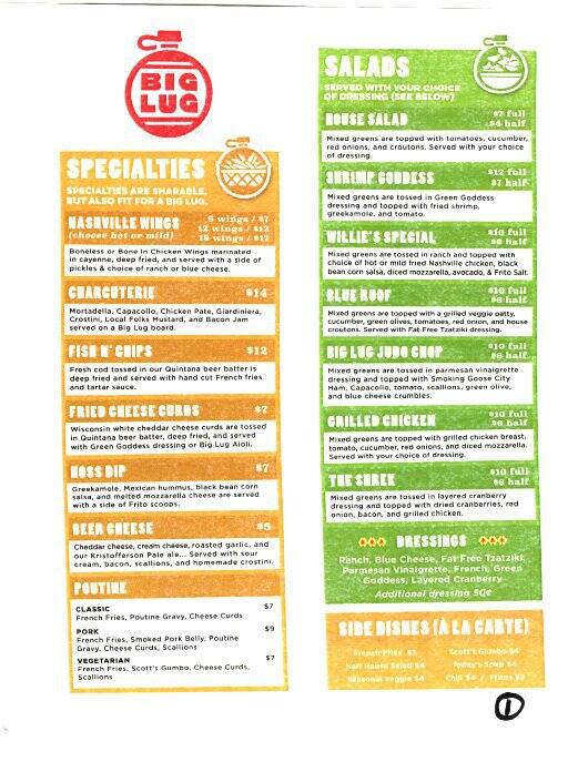 Menu at Big Lug Canteen pub & bar, Indianapolis