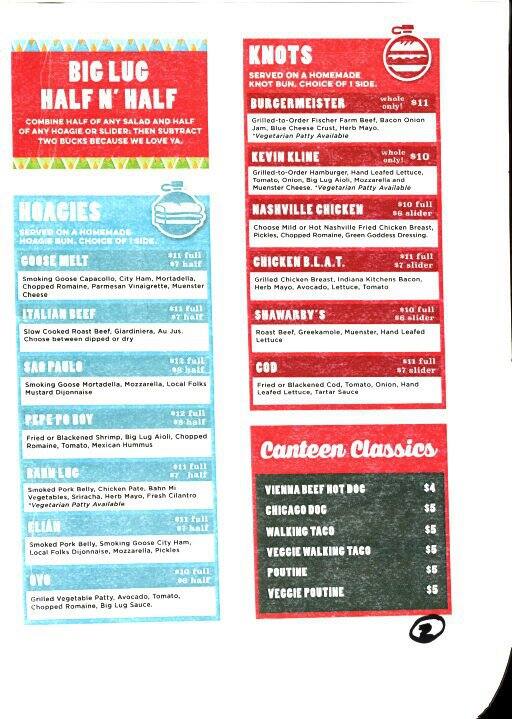 Menu at Big Lug Canteen pub & bar, Indianapolis