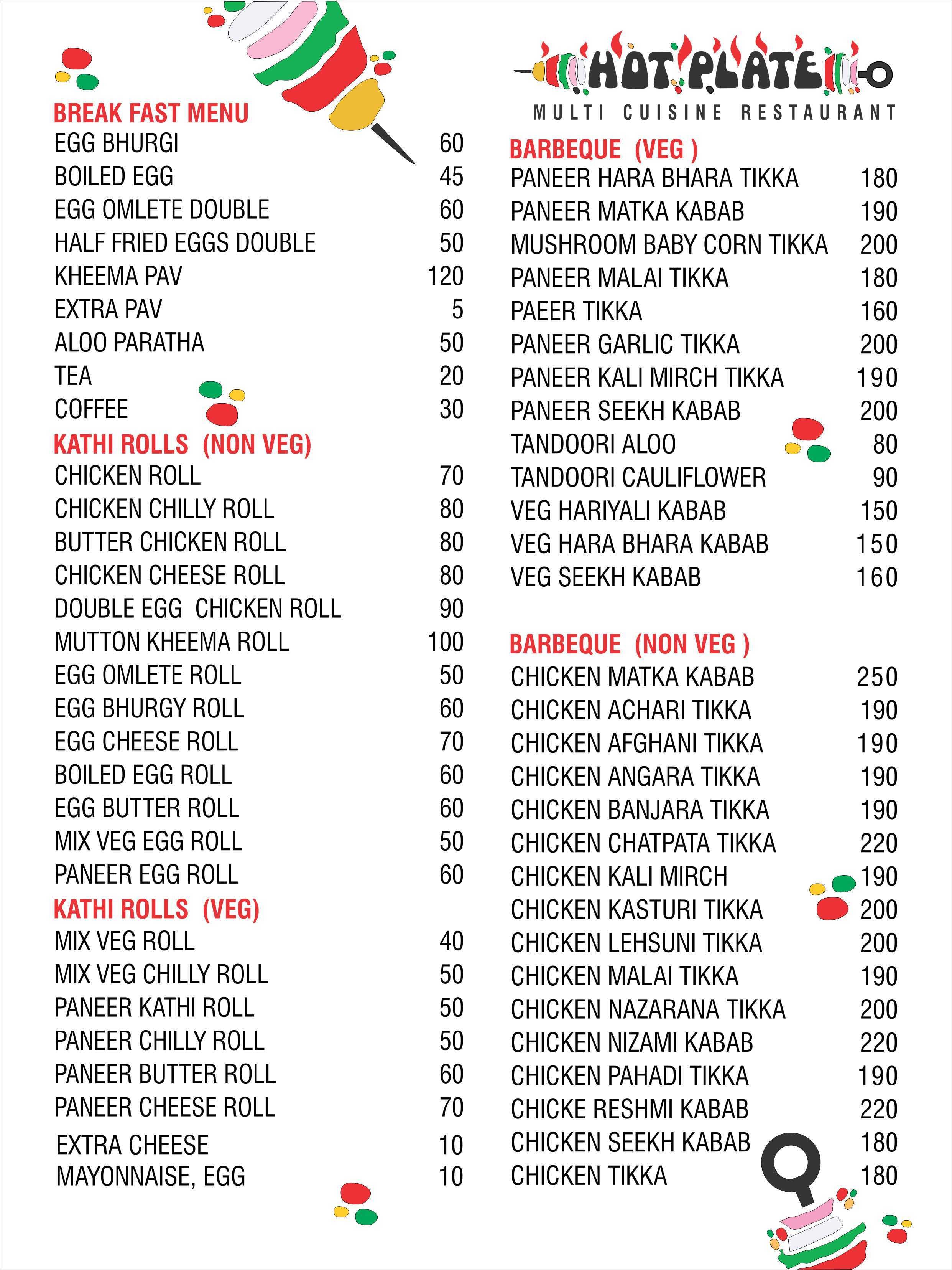 Hot Plate Restaurant Menu, Menu for Hot Plate Restaurant, Usmanpura