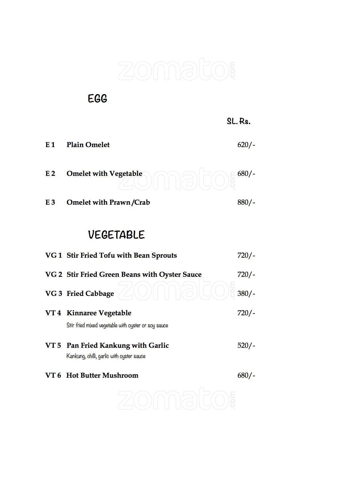 Kinnaree menu