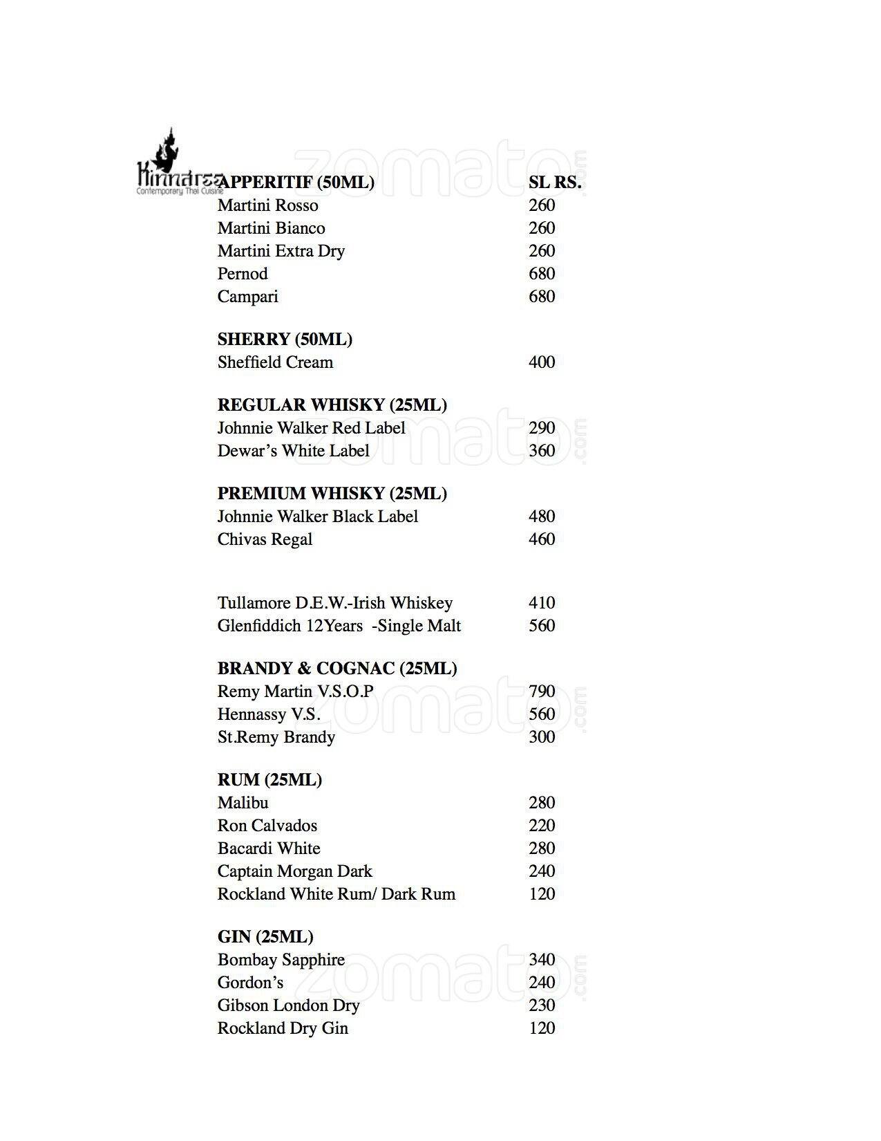 Kinnaree menu
