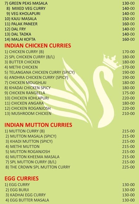 Menu at The Crown Hotel, Hyderabad