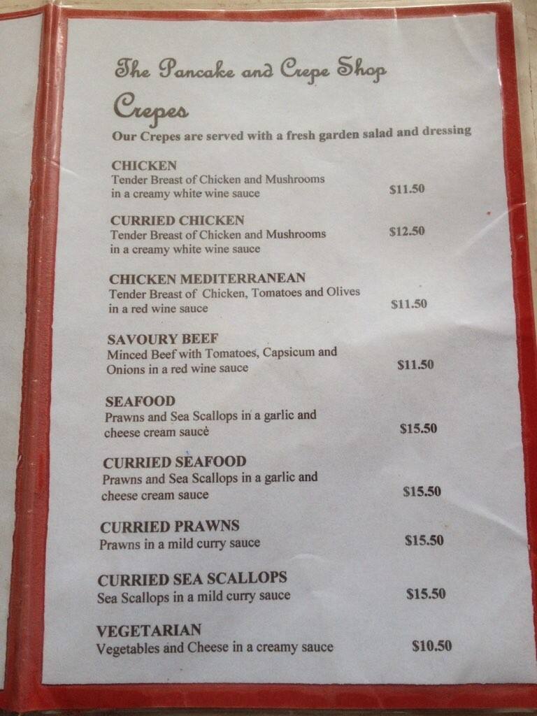Menu at The Pancake and Crepe Shop restaurant, Oatlands