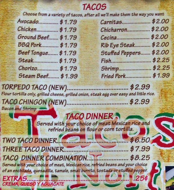 Menu at Tacos El Norte restaurant, Palatine, N Rand Rd
