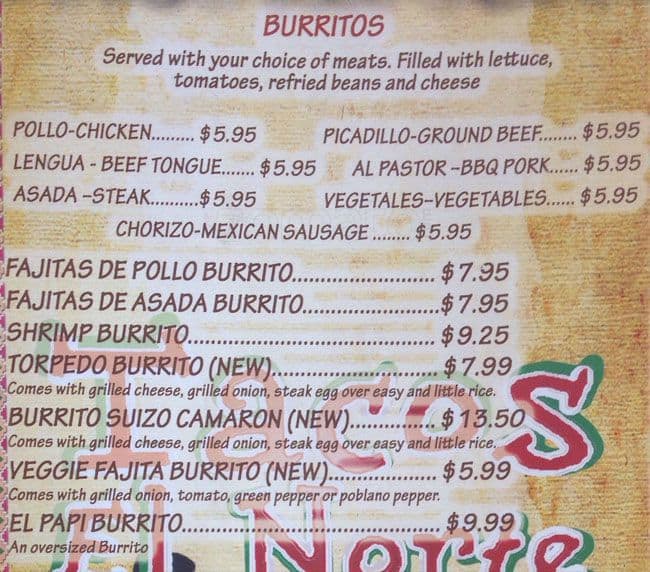 Menu at Tacos El Norte restaurant, Palatine, N Rand Rd