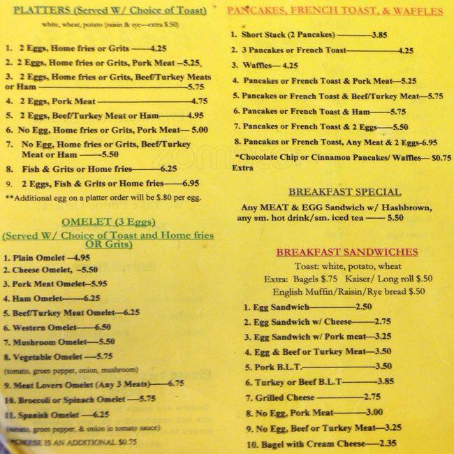 Breakfast Junction menu, Menu restauracji Breakfast Junction, Stenton
