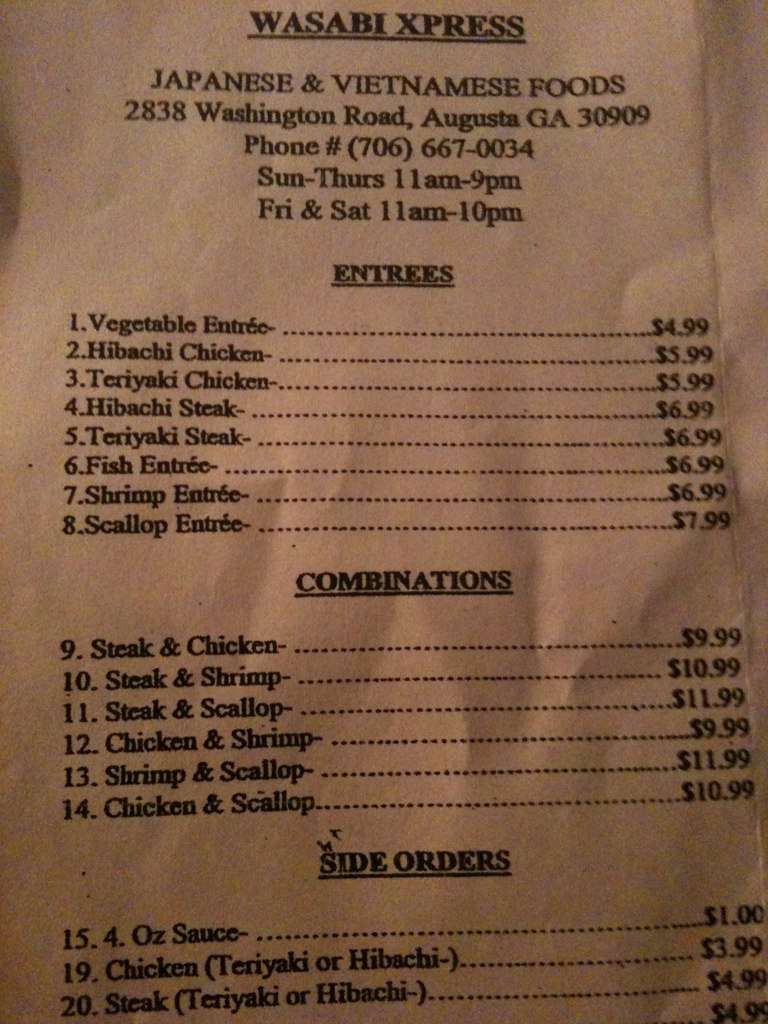 Wasabi Express Menu, Menu v reštaurácii Wasabi Express, Augusta