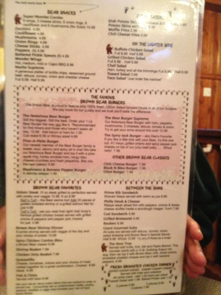 Brown Bear menu, Menu restauracji Brown Bear, Shelby, Muskegon