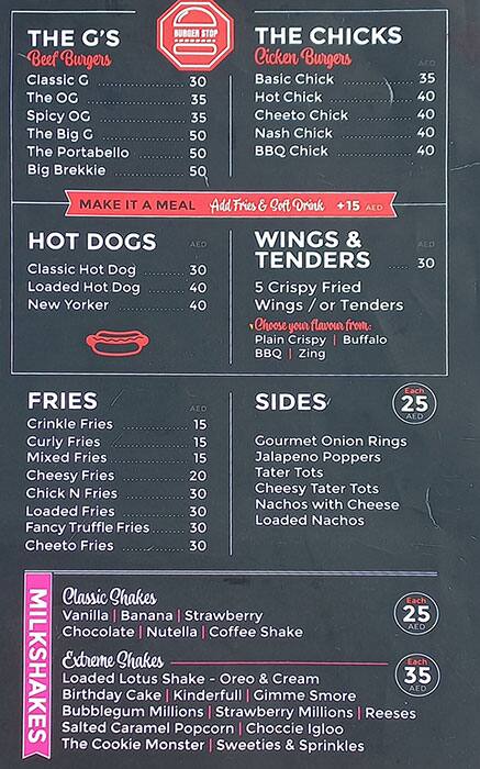 Burger stop store menu