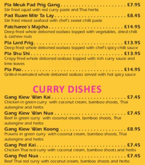 Patcharee Thai Restaurant menu