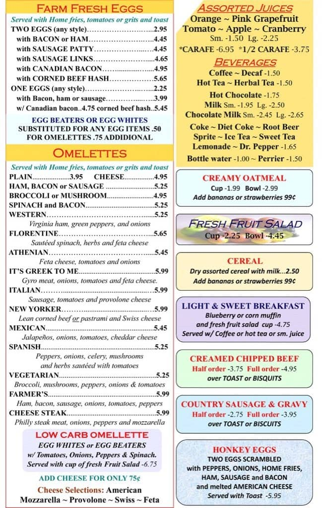 Menu at Palm Diner restaurant, Sebring