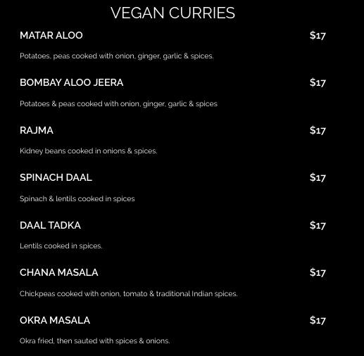 Menu at Curry Indian Restaurant, Auckland
