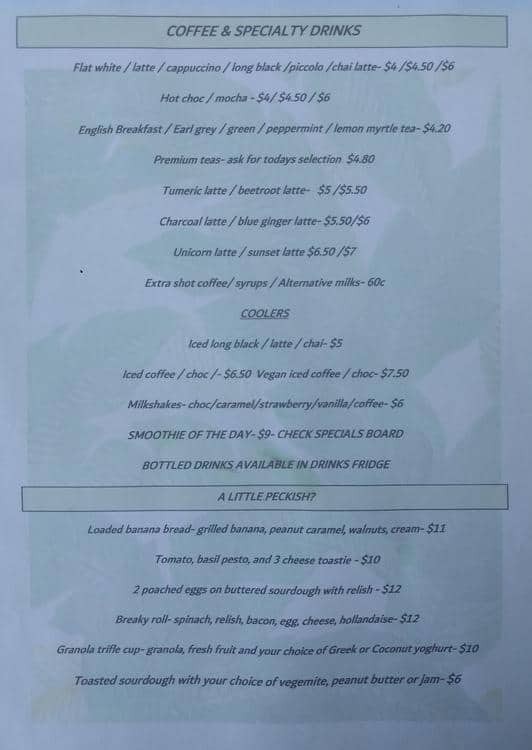 Menu at Gather and Feast cafe, Caboolture