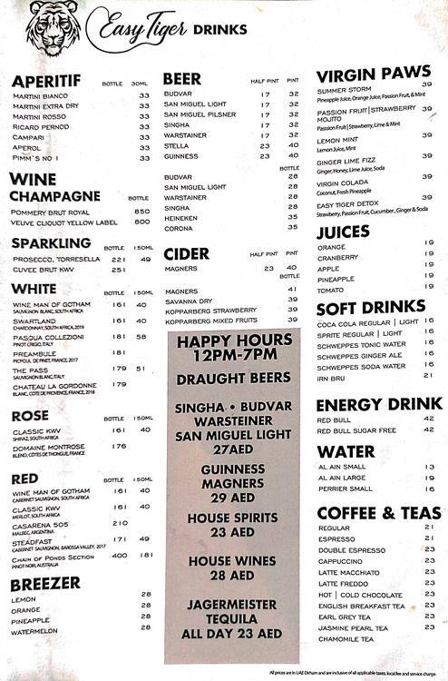 Menu of Easy Tiger Restaurant, Al Markaziya, Abu Dhabi