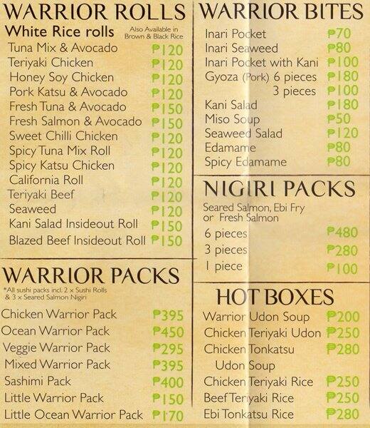 Wasabi Warriors Menu, Menu for Wasabi Warriors, Bago Bantay, Quezon