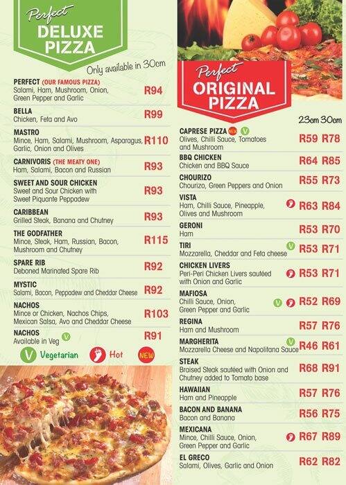 Pizza Perfect Menu Menu For Pizza Perfect Horizon View Roodepoort