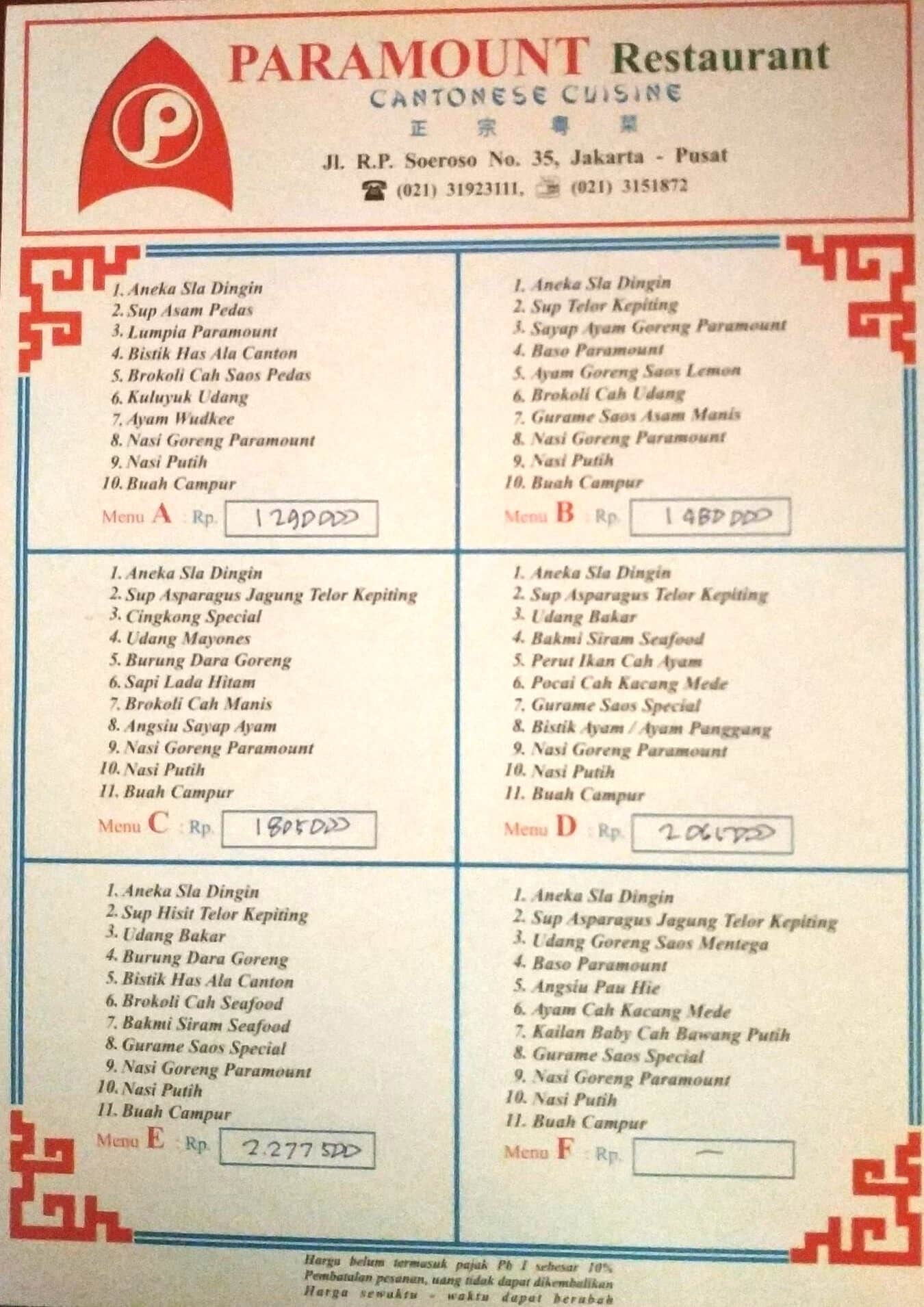 Paramount Cantonese Menu Menu For Paramount Cantonese Menteng