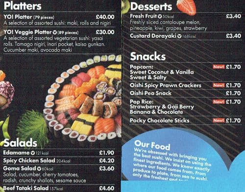 Menu at YO! Sushi restaurant, Edinburgh, 30