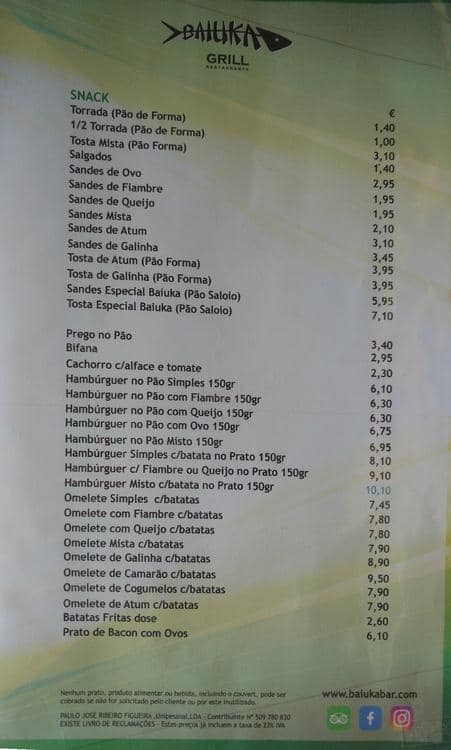 Menu at Baiuka Grill restaurant, Estoril