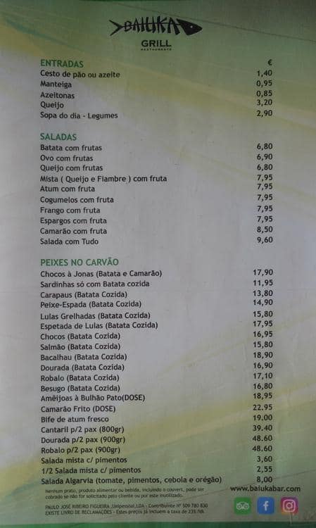 Menu at Baiuka Grill restaurant, Estoril