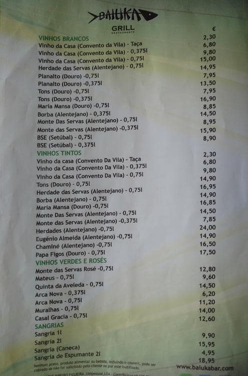Menu at Baiuka Grill restaurant, Estoril