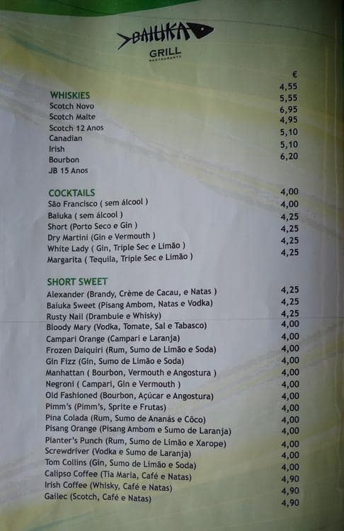 Menu at Baiuka Grill restaurant, Estoril