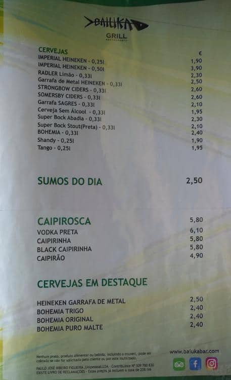 Menu at Baiuka Grill restaurant, Estoril