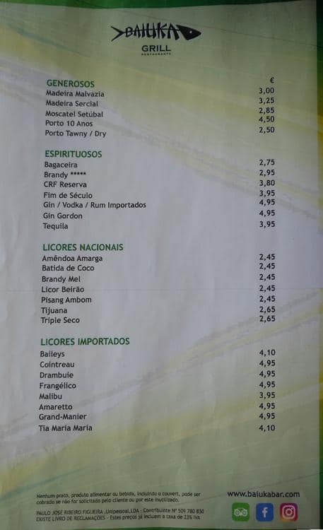Menu at Baiuka Grill restaurant, Estoril