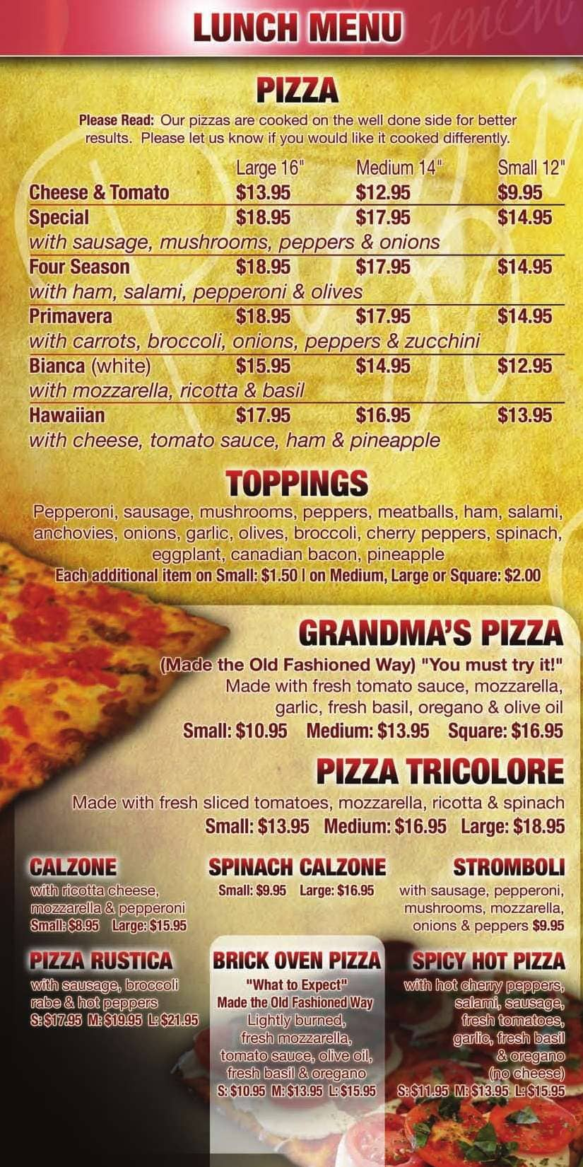 Menu at Umberto's pizzeria, Pompano Beach