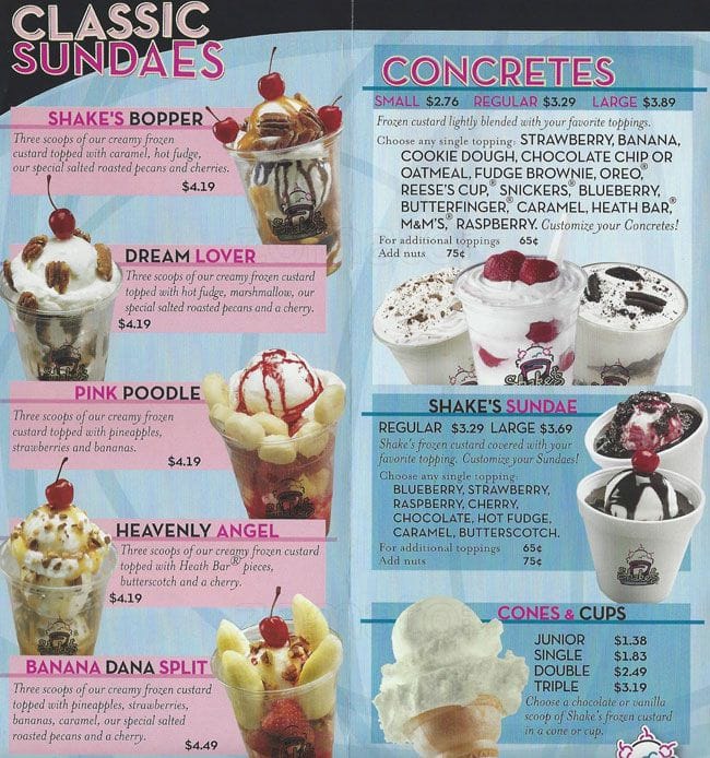 Shake's Frozen Custard menu Urbanspoon/Zomato