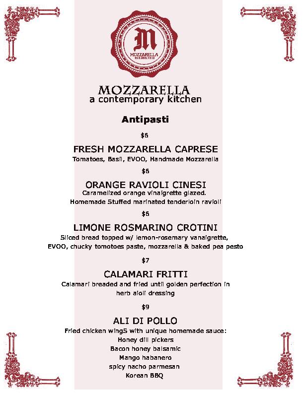 Mozzarella Menu, Menu for Mozzarella, Franklin St, Research Triangle