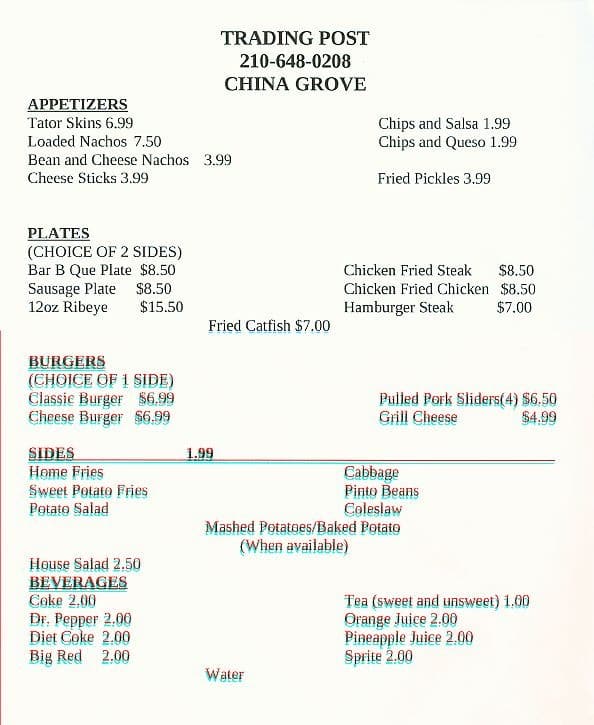 China Grove Trading Post Menu, Menu for China Grove Trading Post, East Side, San Antonio