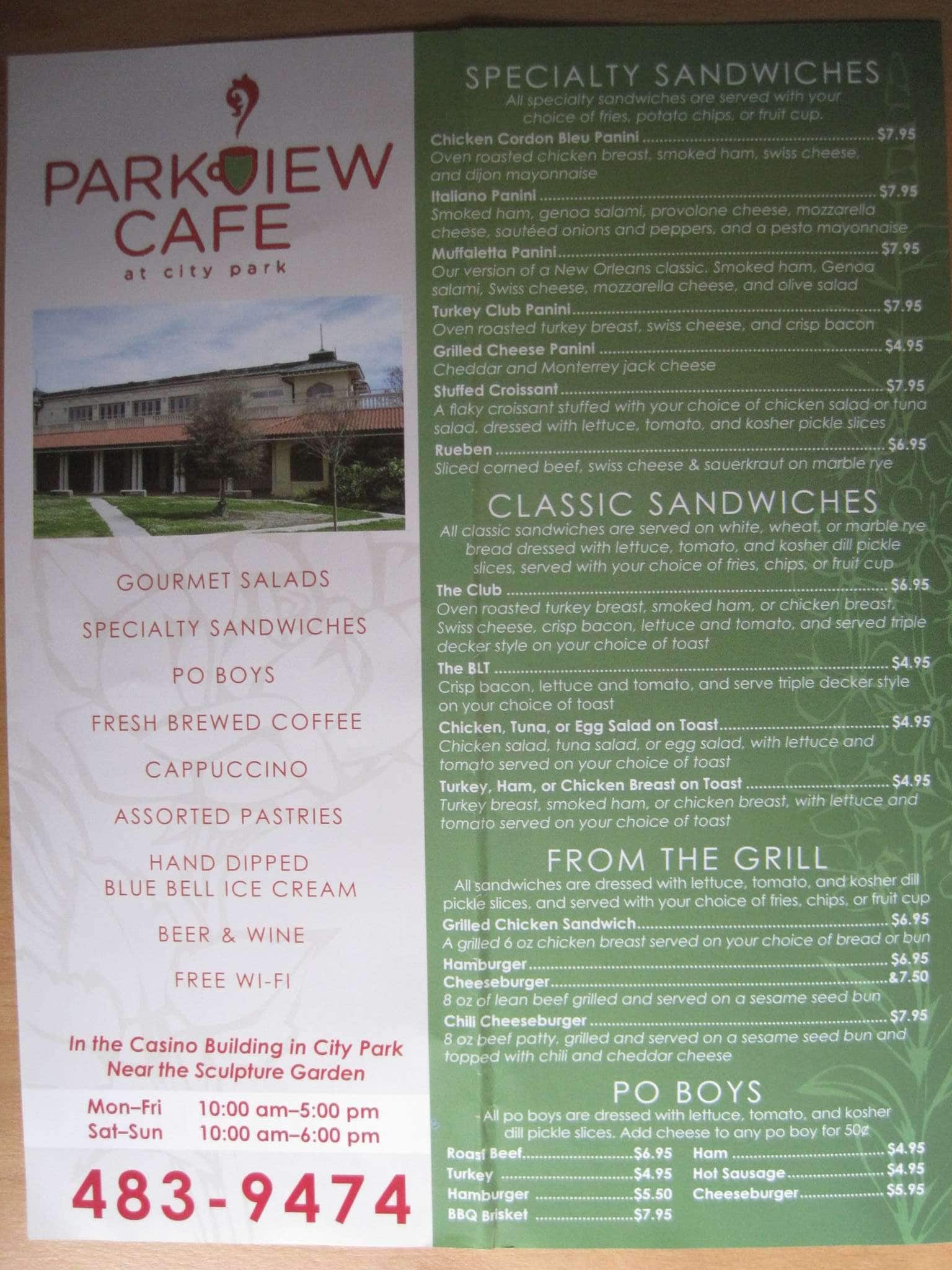 Menu at Parkview Tavern pub & bar, New Orleans