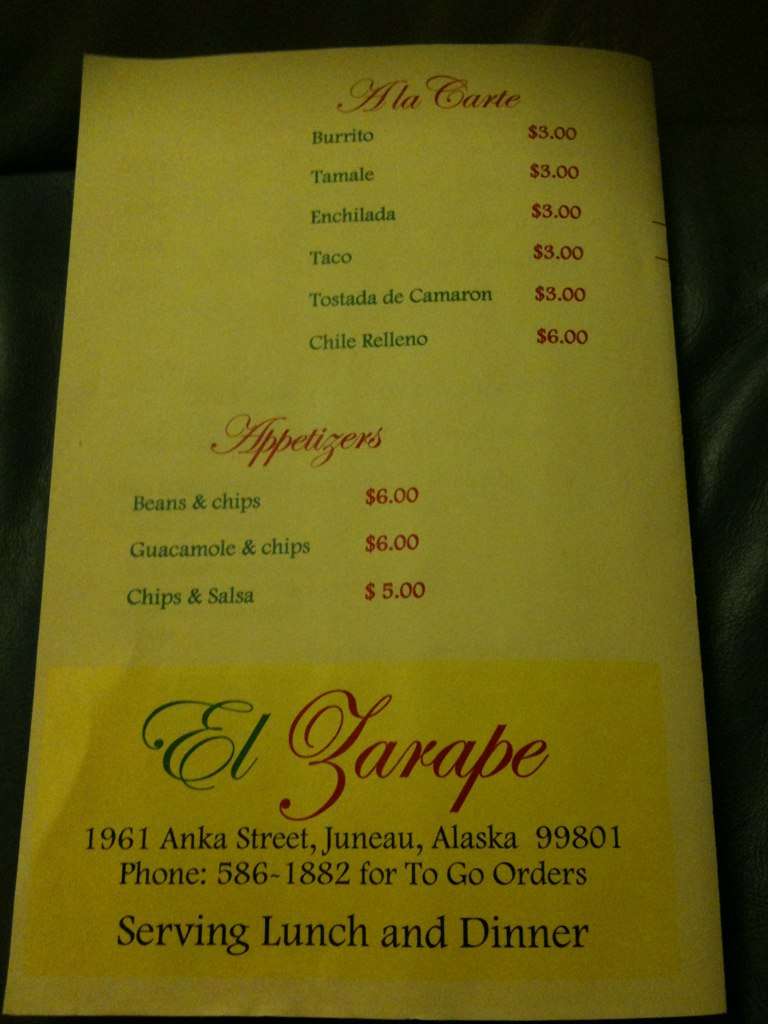 Menu at El Zarape restaurant, Juneau, Anka St