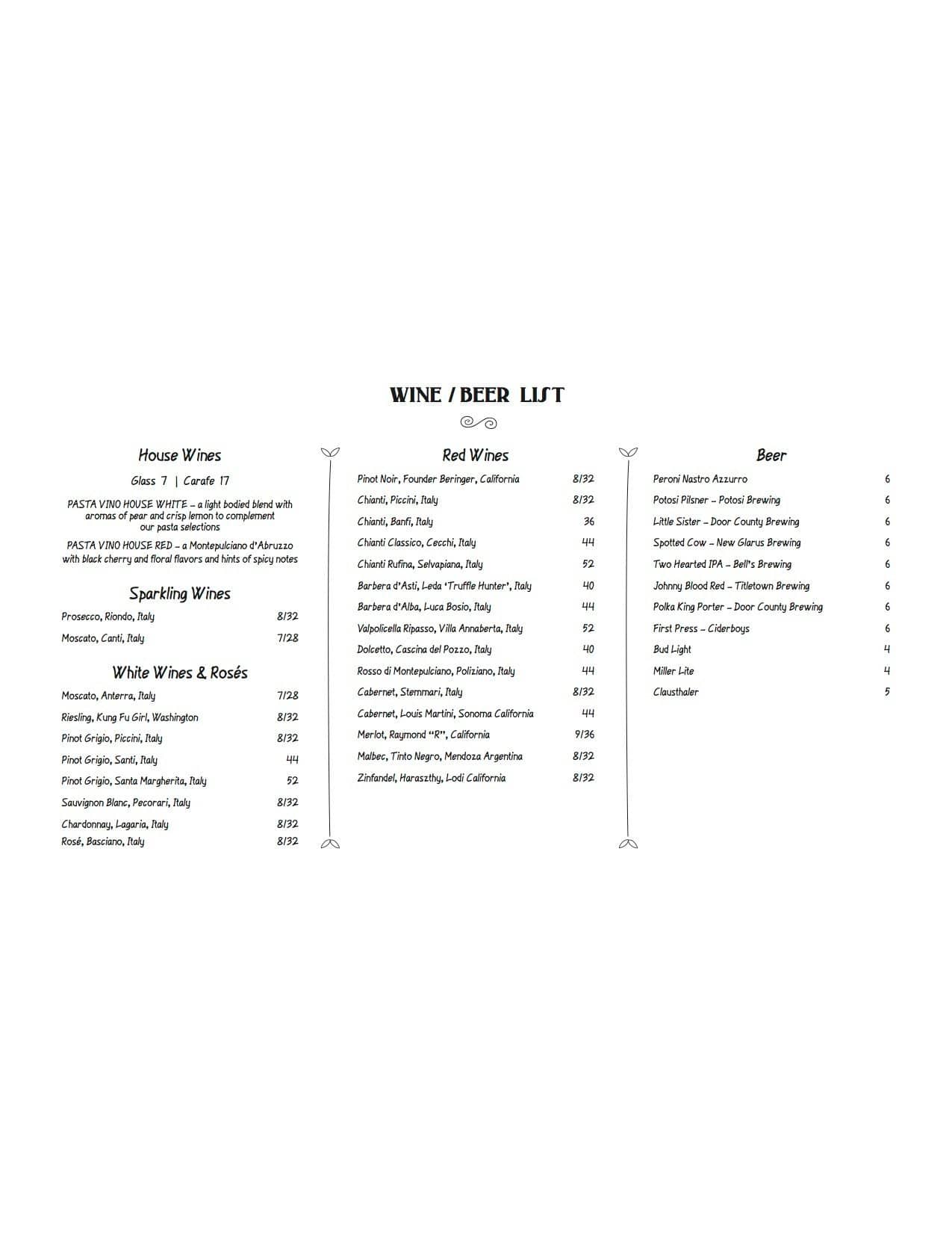 Pasta Vino Menu Menu For Pasta Vino Sister Bay Sister Bay