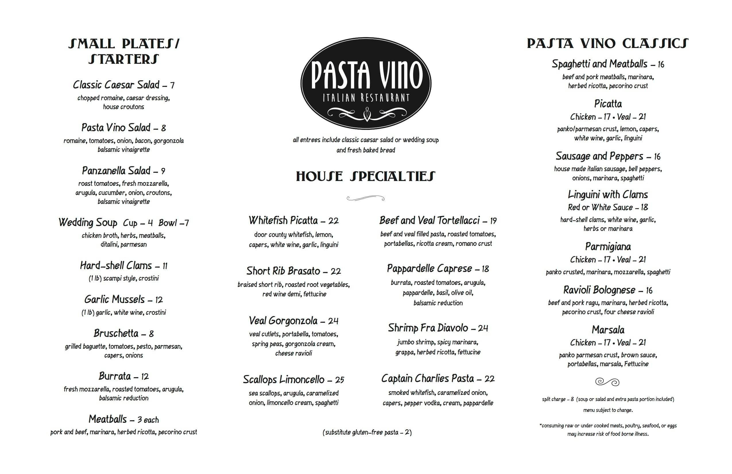 Pasta Vino Menu, Menu for Pasta Vino, Sister Bay, Sister Bay