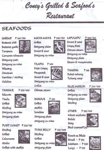 Carta de Coney's Seafood Grill And Restaurant