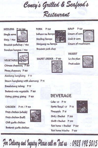Carta de Coney's Seafood Grill And Restaurant