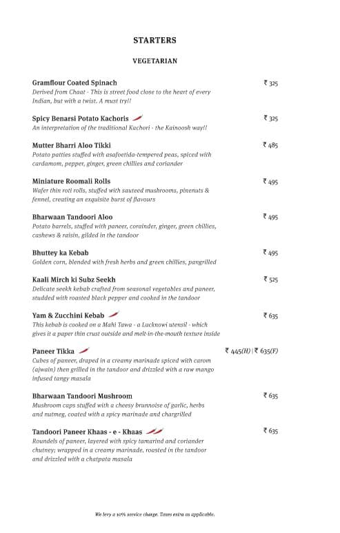 Kainoosh menu