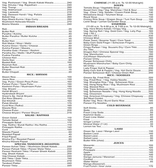Greens Veg Restaurant menu