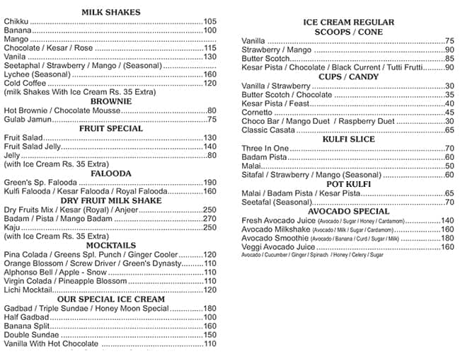 Greens Veg Restaurant menu