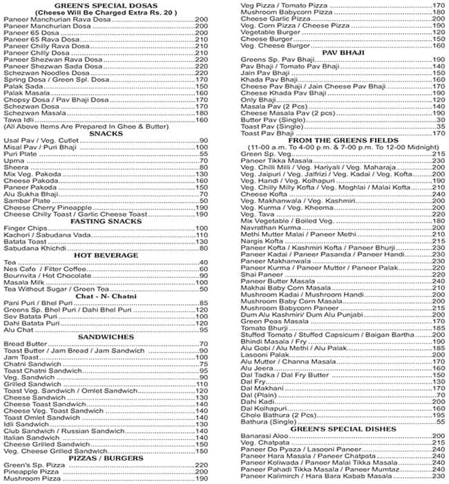 Greens Veg Restaurant menu