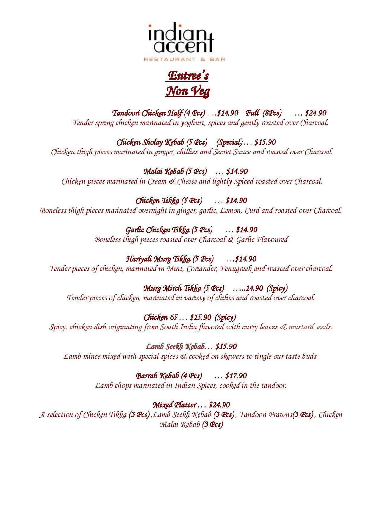 Indian Accent Menu, Menu for Indian Accent, Mt Wellington, Auckland