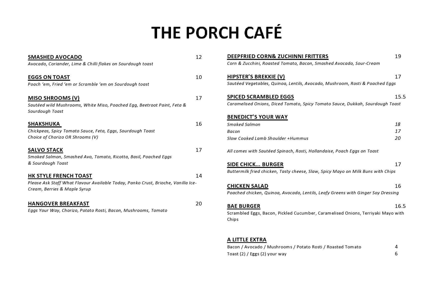 The Porch Cafe Menu, Menu for The Porch Cafe, Crows Nest, Sydney