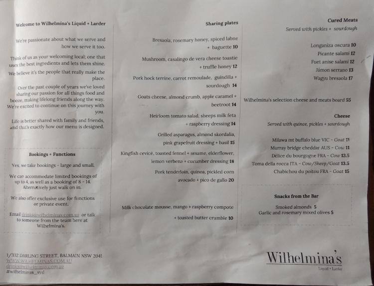 Wilhelmina's Menu, Menu for Wilhelmina's, Balmain, Sydney Urbanspoon