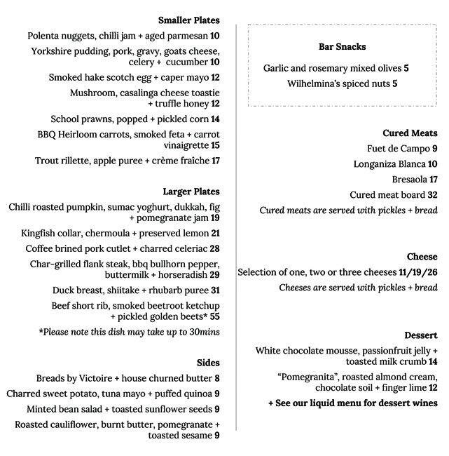 Wilhelmina's Menu, Menu for Wilhelmina's, Balmain, Sydney Urbanspoon