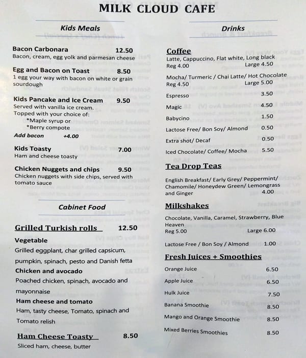 Menu at Milk Cloud Cafe, Ashburton