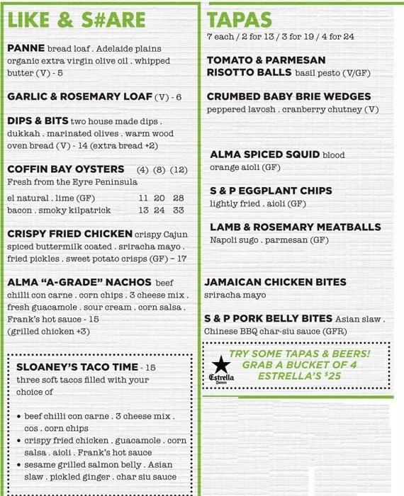 Menu at Alma Tavern restaurant, Norwood
