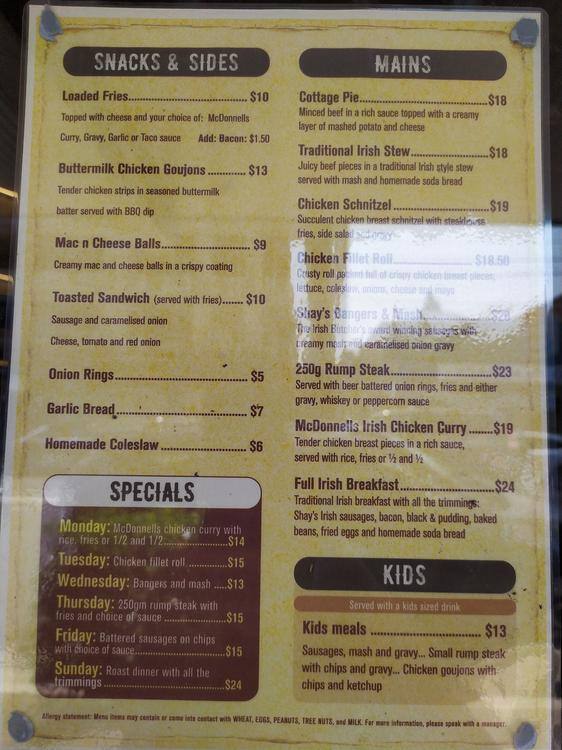 Menu at Jimmy's Bar and Restaurant, Randwick