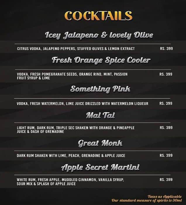 Menu at Club Bombay At Sheesha Sky Lounge, Mumbai